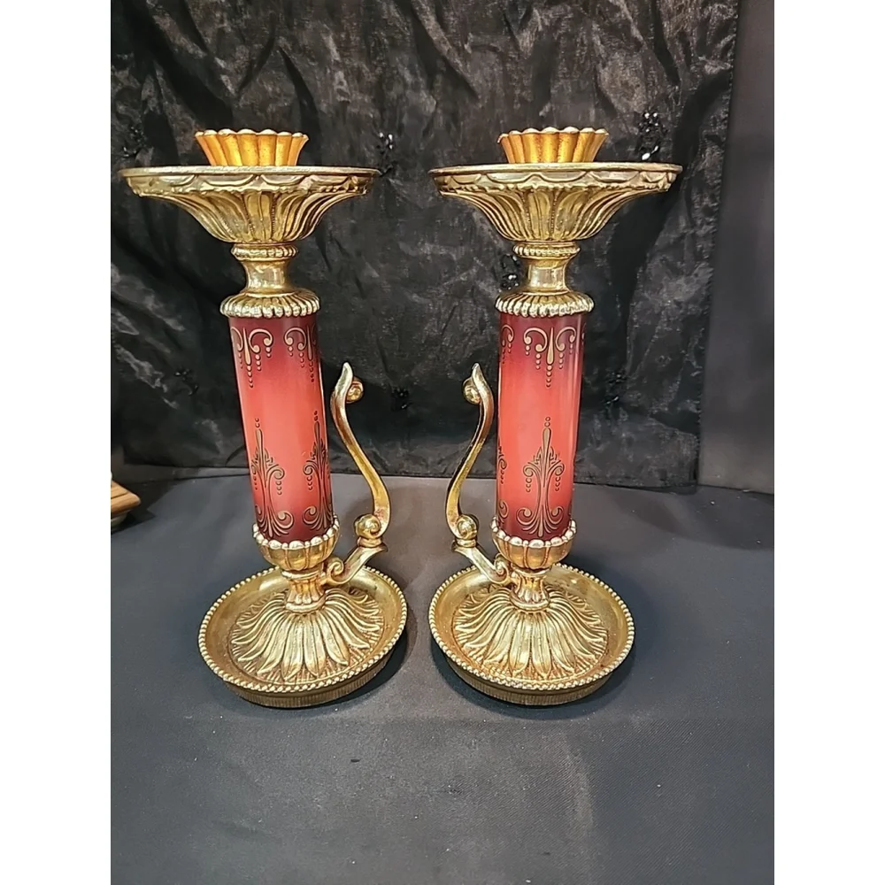 Vintage Dilly Gilt Candle Holders Made In USA Red Patina 10